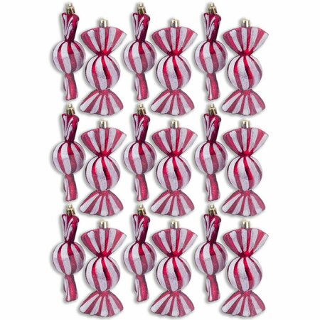 QUEENS OF CHRISTMAS 4 in. Red Candy Ornaments with White Glitter, Pack of 18, 18PK ORN-18PK-CDY-RE